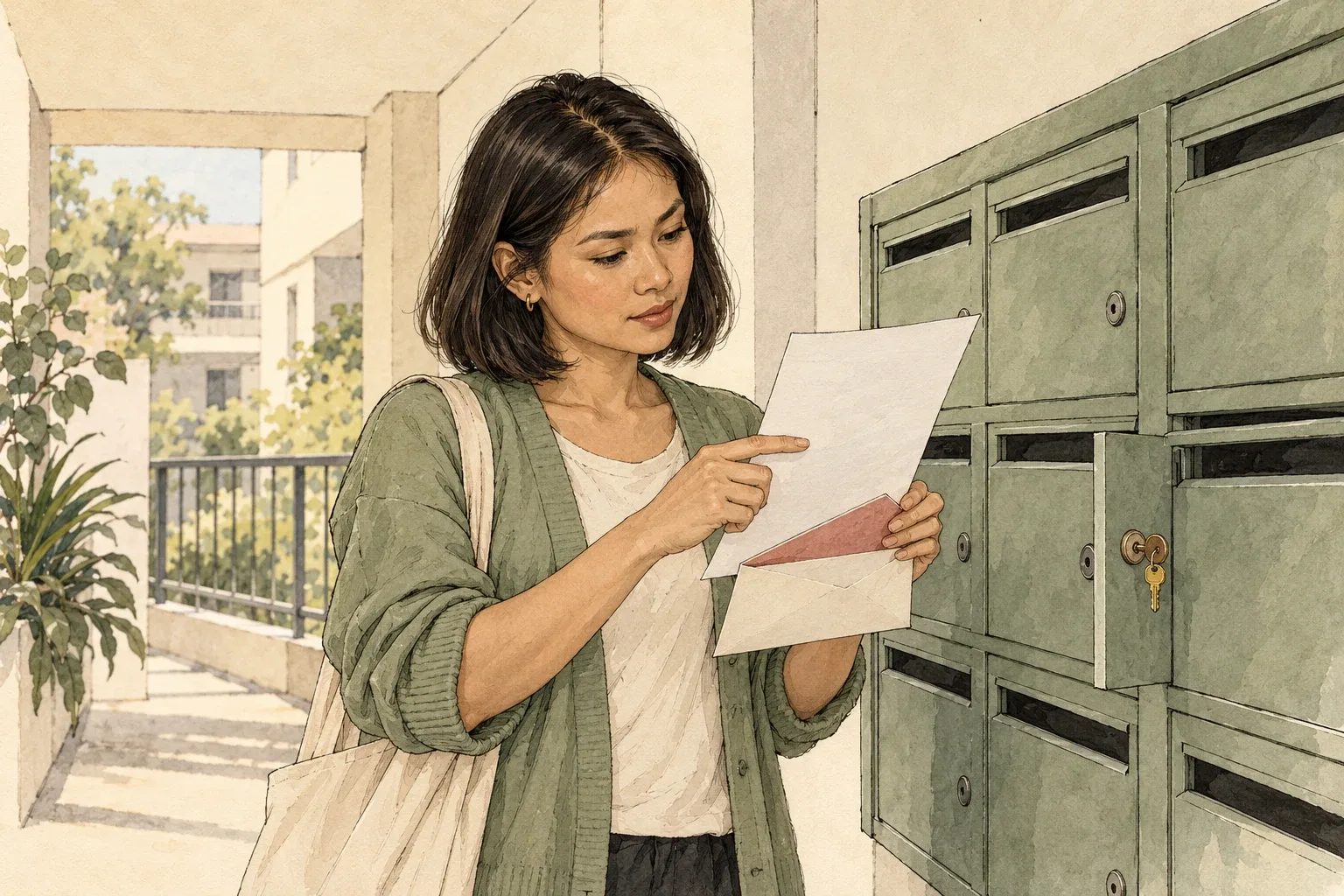 A woman with a dark bob reads an opened letter beside a bank of green letterboxes.
