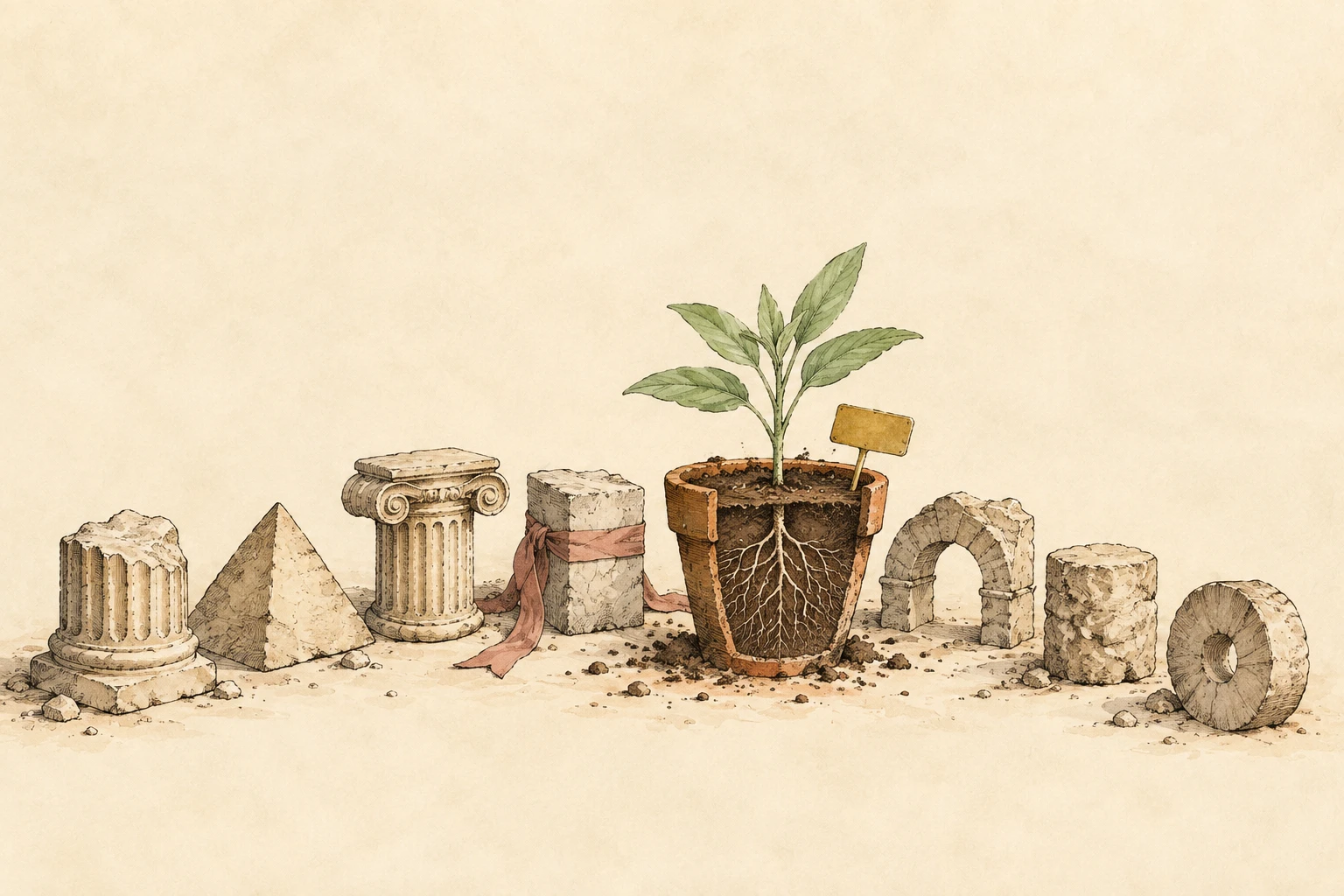 A potted plant with its roots showing stands in a row of ancient ruins, including columns and an arch.