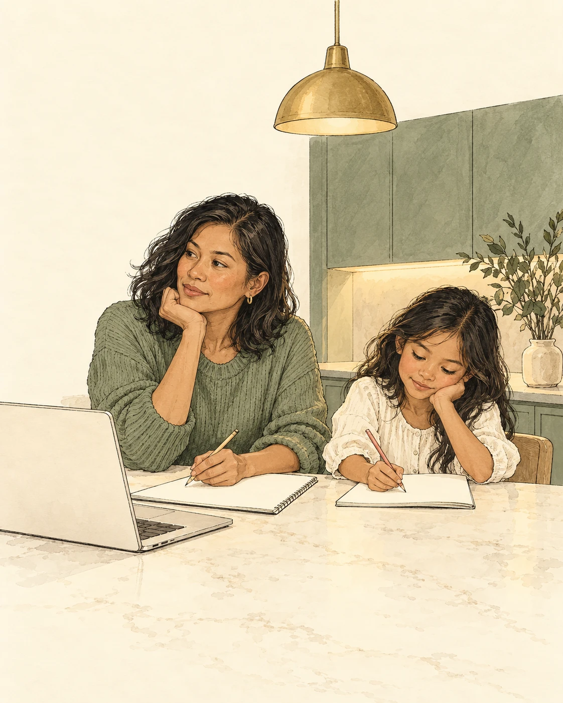A mother and her young daughter at a kitchen bench, sitting in the same pose, each with a notebook